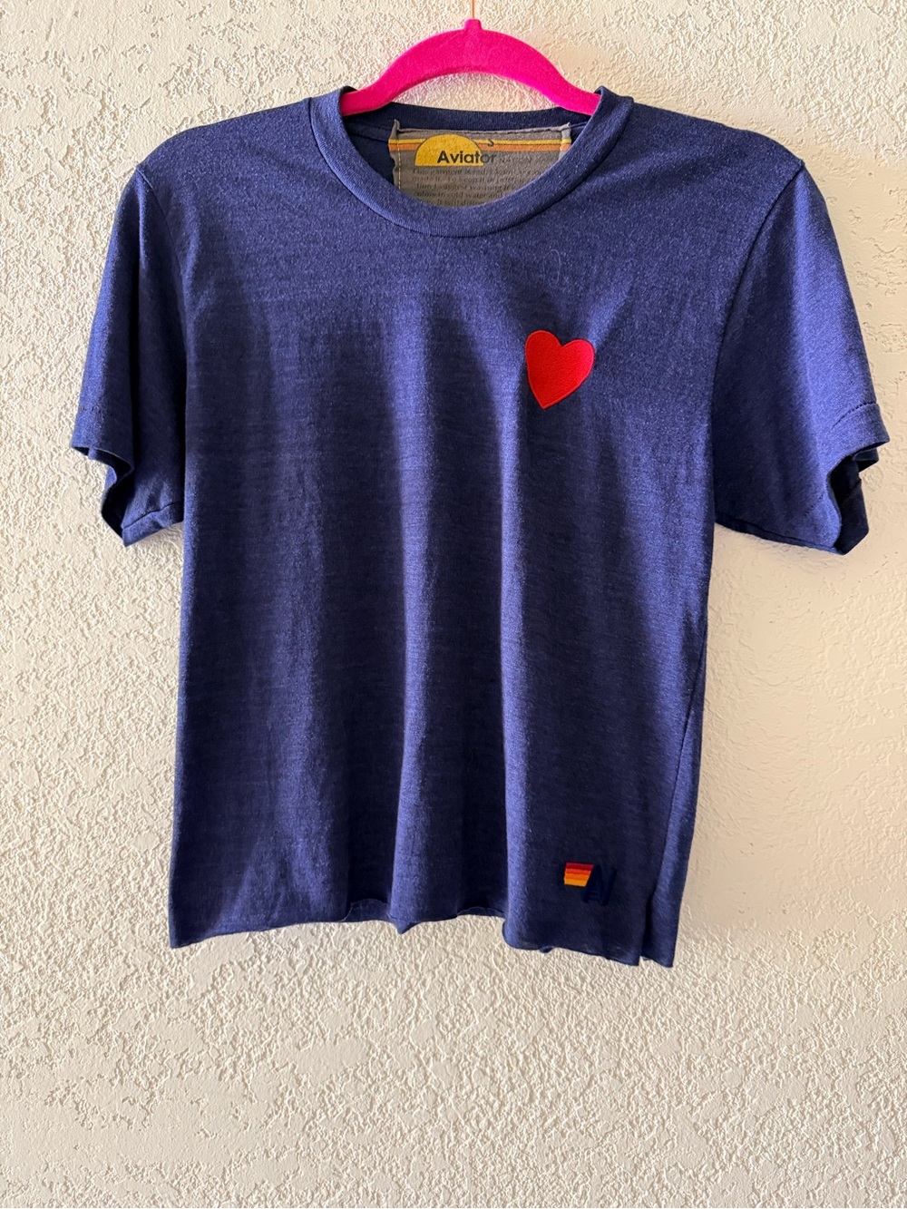 AVIATOR NATION Heart Embroidery Patch Navy Blue Boyfriend Tee Women’s Size Small